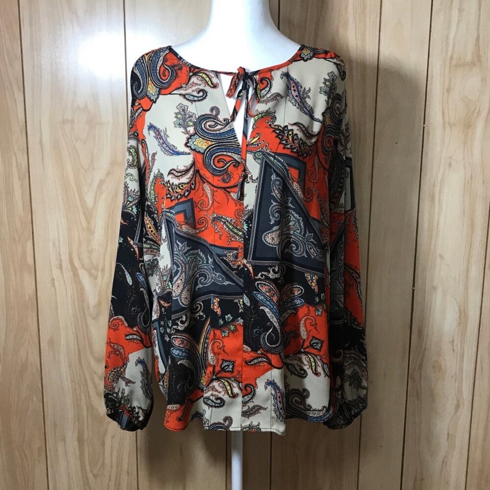 Joan Vass Studio Boho Retro Patchwork Paisley Balloon Sleeve Flowy Blouse XL